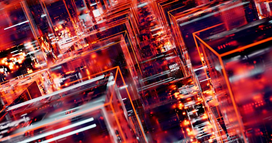 Arte digital abstracto con bloques geométricos y efectos de luz LED en patrón de red
