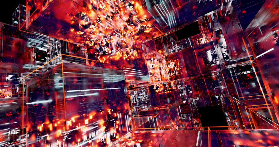 Arte digital abstracto con cubos futuristas y luces neón
